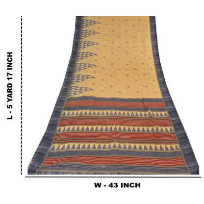 Sanskriti Vintage Sarees Pale Yellow Pure Cotton Printed Sari 5yd Craft Sustainable Fabric