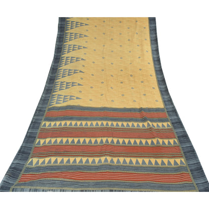 Sanskriti Vintage Sarees Pale Yellow Pure Cotton Printed Sari 5yd Craft Sustainable Fabric