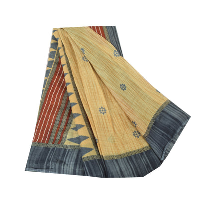 Sanskriti Vintage Sarees Pale Yellow Pure Cotton Printed Sari 5yd Craft Sustainable Fabric