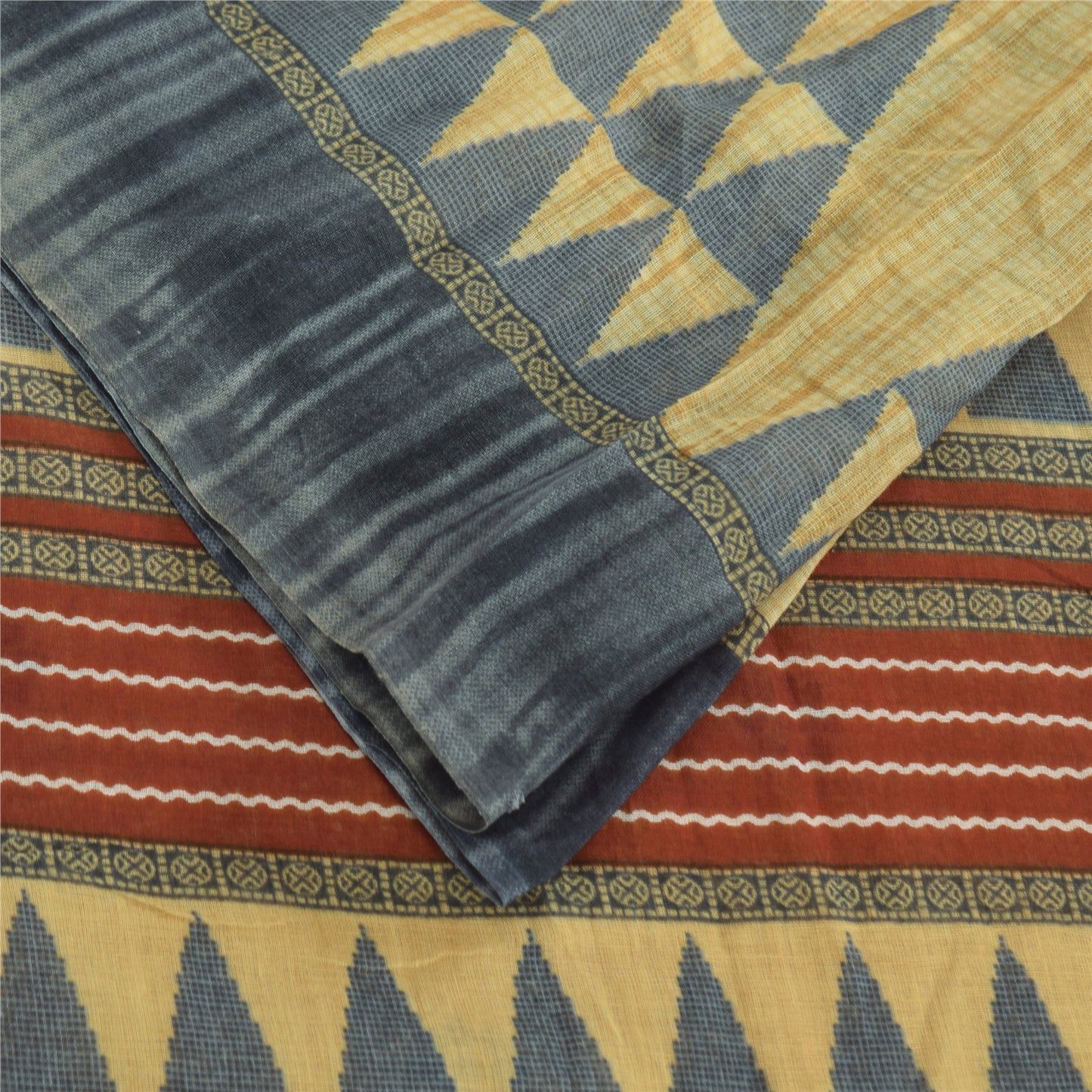 Sanskriti Vintage Sarees Pale Yellow Pure Cotton Printed Sari 5yd Craft Sustainable Fabric