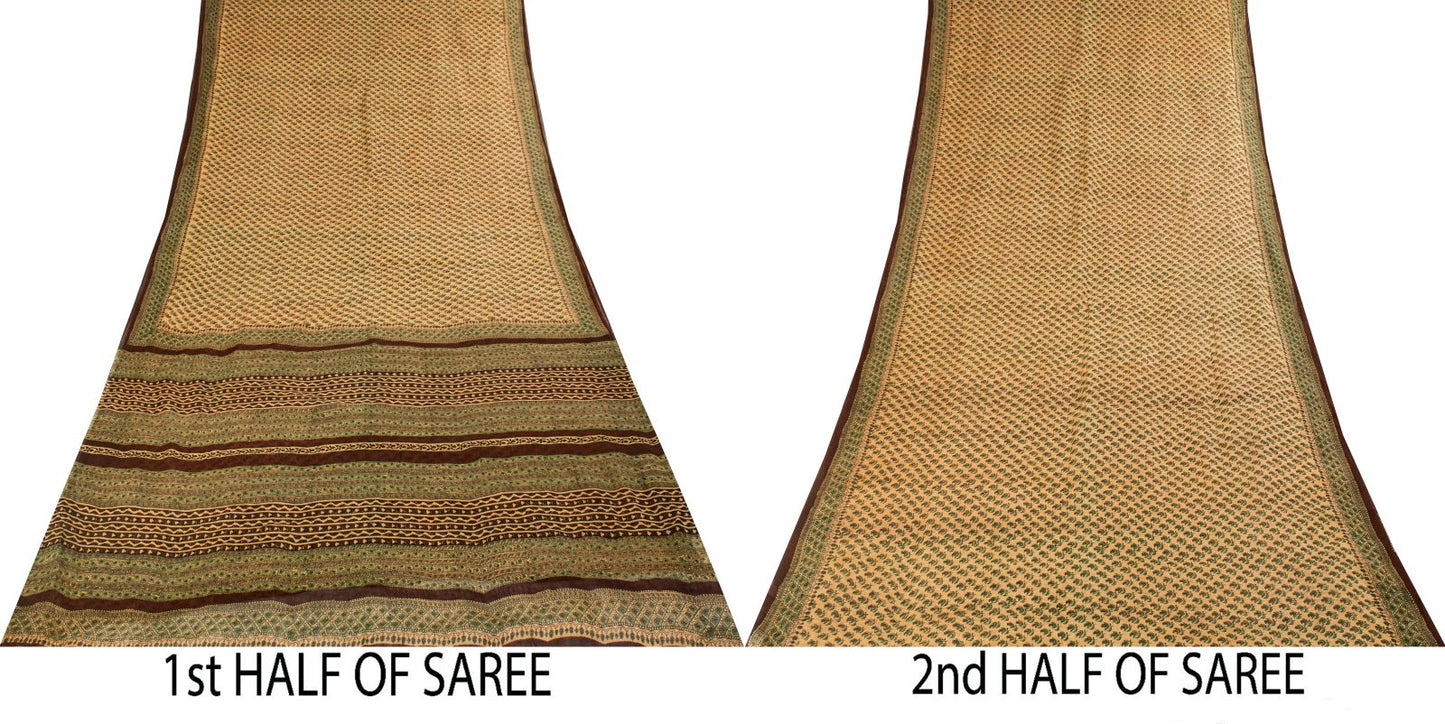 Sanskriti Vintage Saree Green Pure Cotton Hand Block Printed Sari 5+Yard Fabric