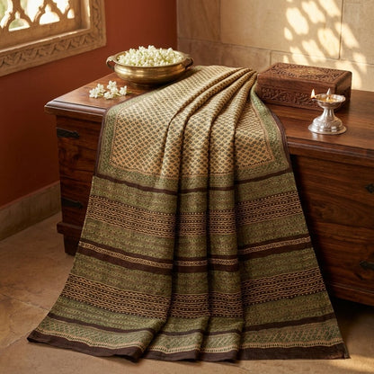 Sanskriti Vintage Saree Green Pure Cotton Hand Block Printed Sari 5+Yard Fabric