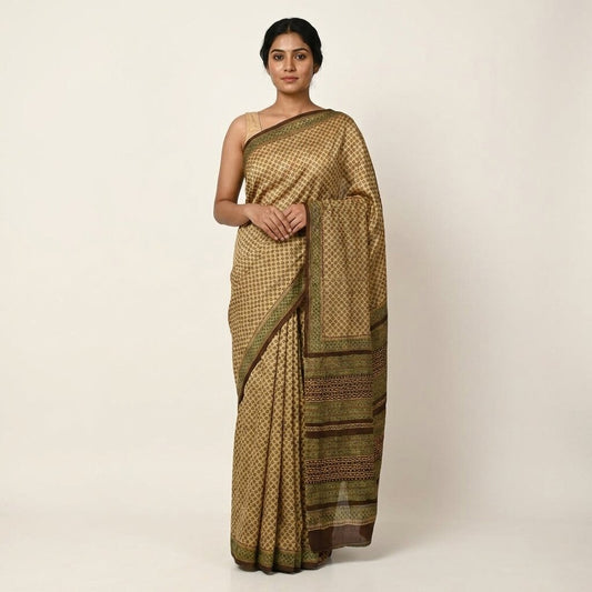 Sanskriti Vintage Saree Green Pure Cotton Hand Block Printed Sari 5+Yard Fabric