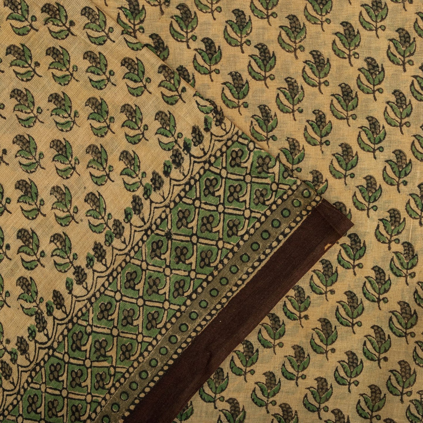 Sanskriti Vintage Saree Green Pure Cotton Hand Block Printed Sari 5+Yard Fabric