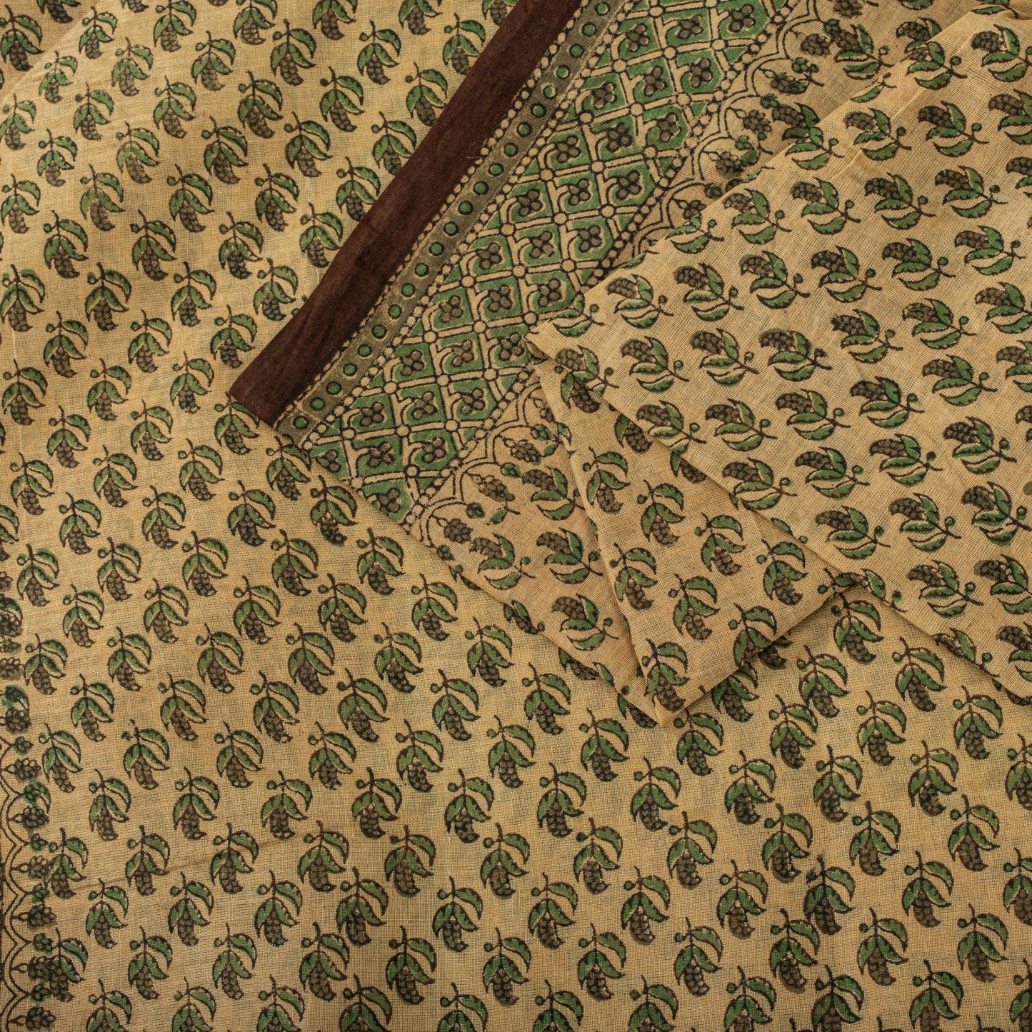 Sanskriti Vintage Saree Green Pure Cotton Hand Block Printed Sari 5+Yard Fabric
