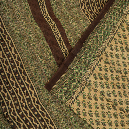 Sanskriti Vintage Saree Green Pure Cotton Hand Block Printed Sari 5+Yard Fabric