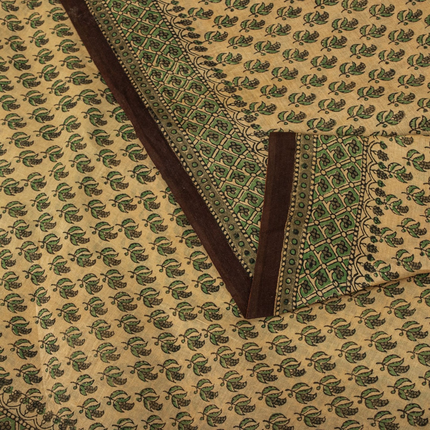 Sanskriti Vintage Saree Green Pure Cotton Hand Block Printed Sari 5+Yard Fabric