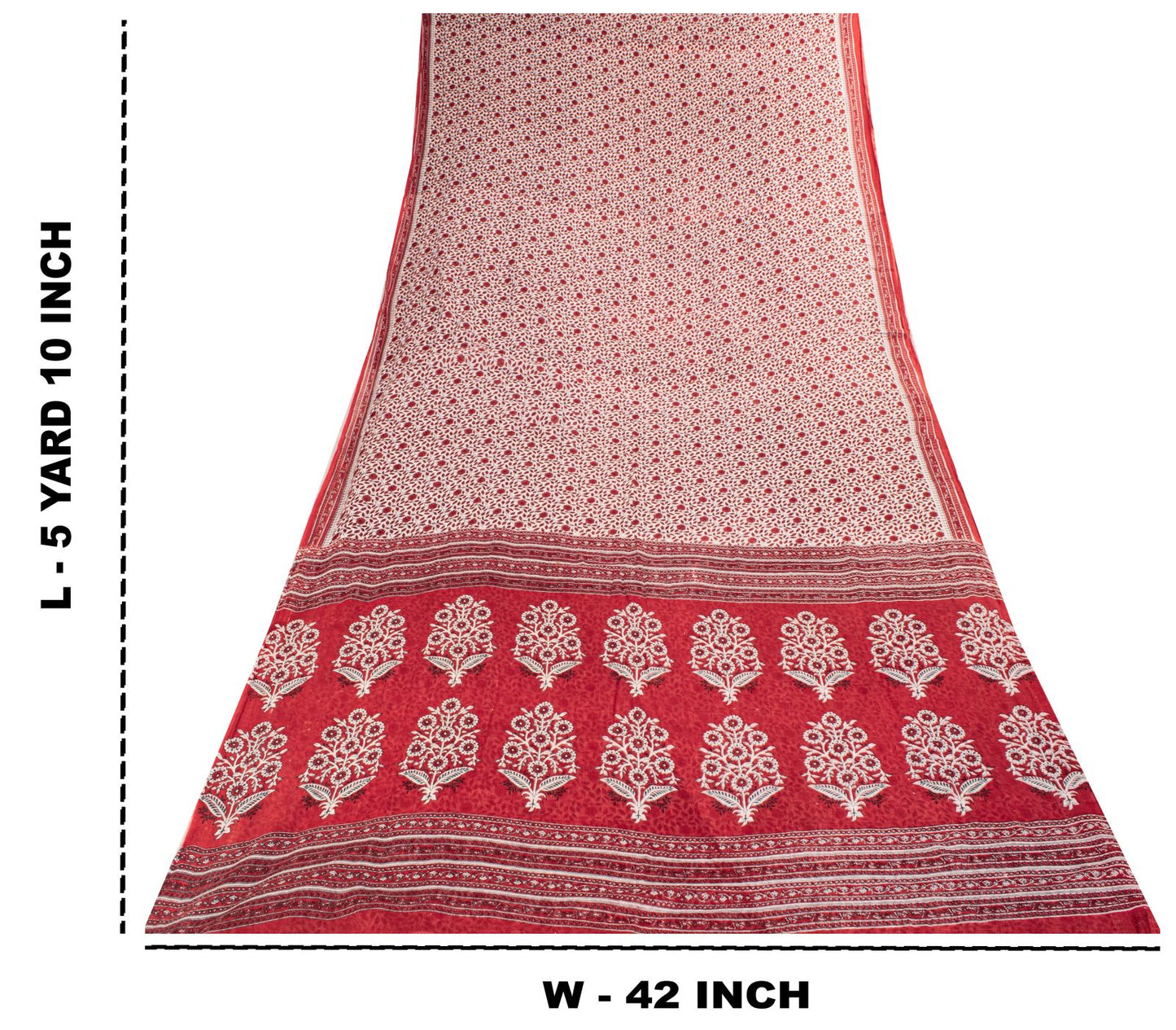 Sanskriti Vintage Saree Red-White Pure Cotton Floral Print Craft Fabric 5YDSari