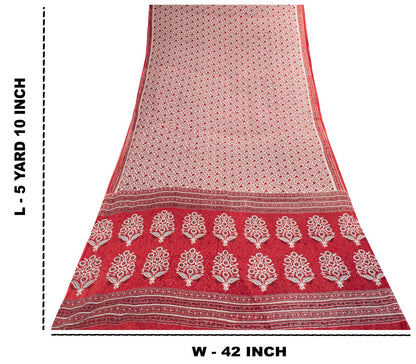 Sanskriti Vintage Saree Red-White Pure Cotton Floral Print Craft Fabric 5YDSari