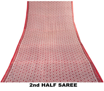 Sanskriti Vintage Saree Red-White Pure Cotton Floral Print Craft Fabric 5YDSari