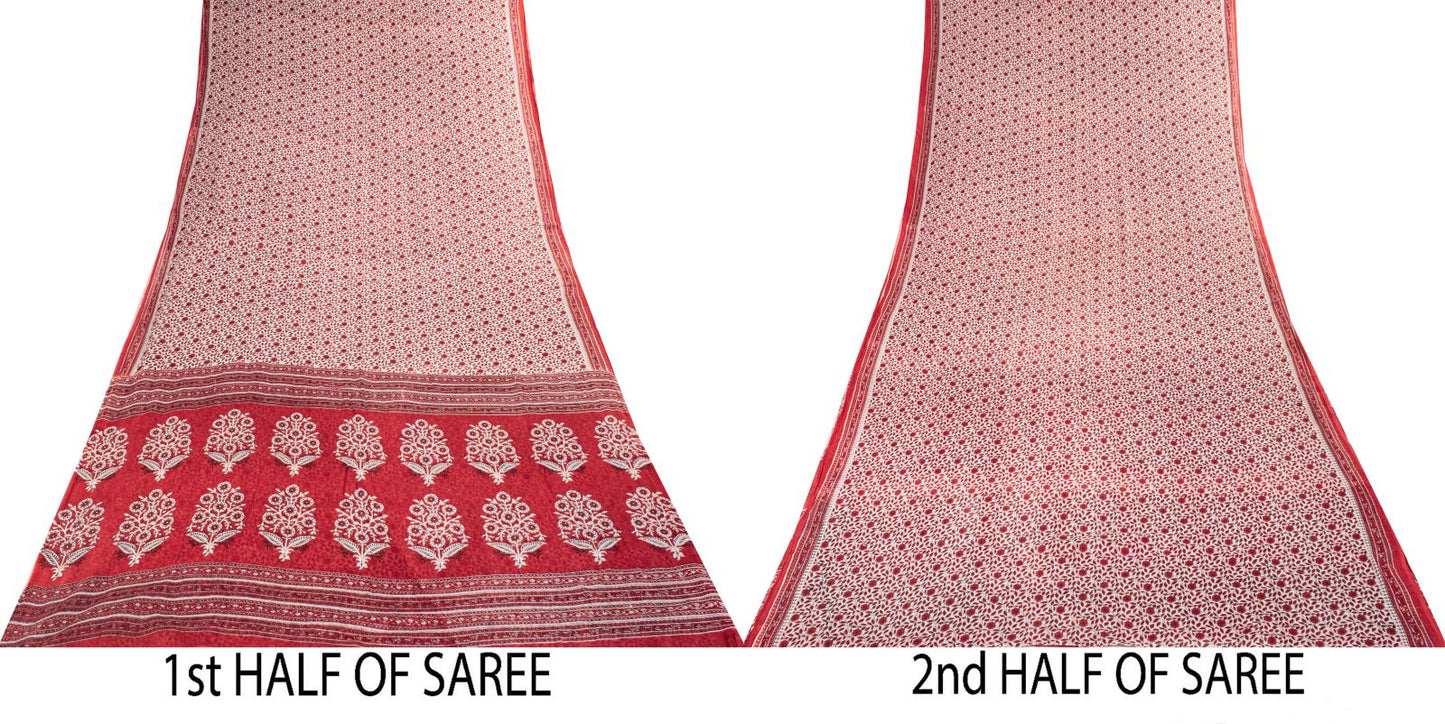 Sanskriti Vintage Saree Red-White Pure Cotton Floral Print Craft Fabric 5YDSari