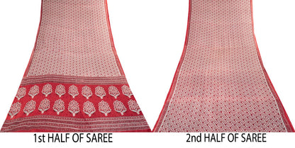Sanskriti Vintage Saree Red-White Pure Cotton Floral Print Craft Fabric 5YDSari