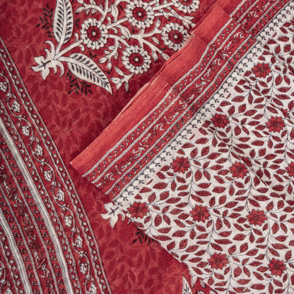 Sanskriti Vintage Saree Red-White Pure Cotton Floral Print Craft Fabric 5YDSari