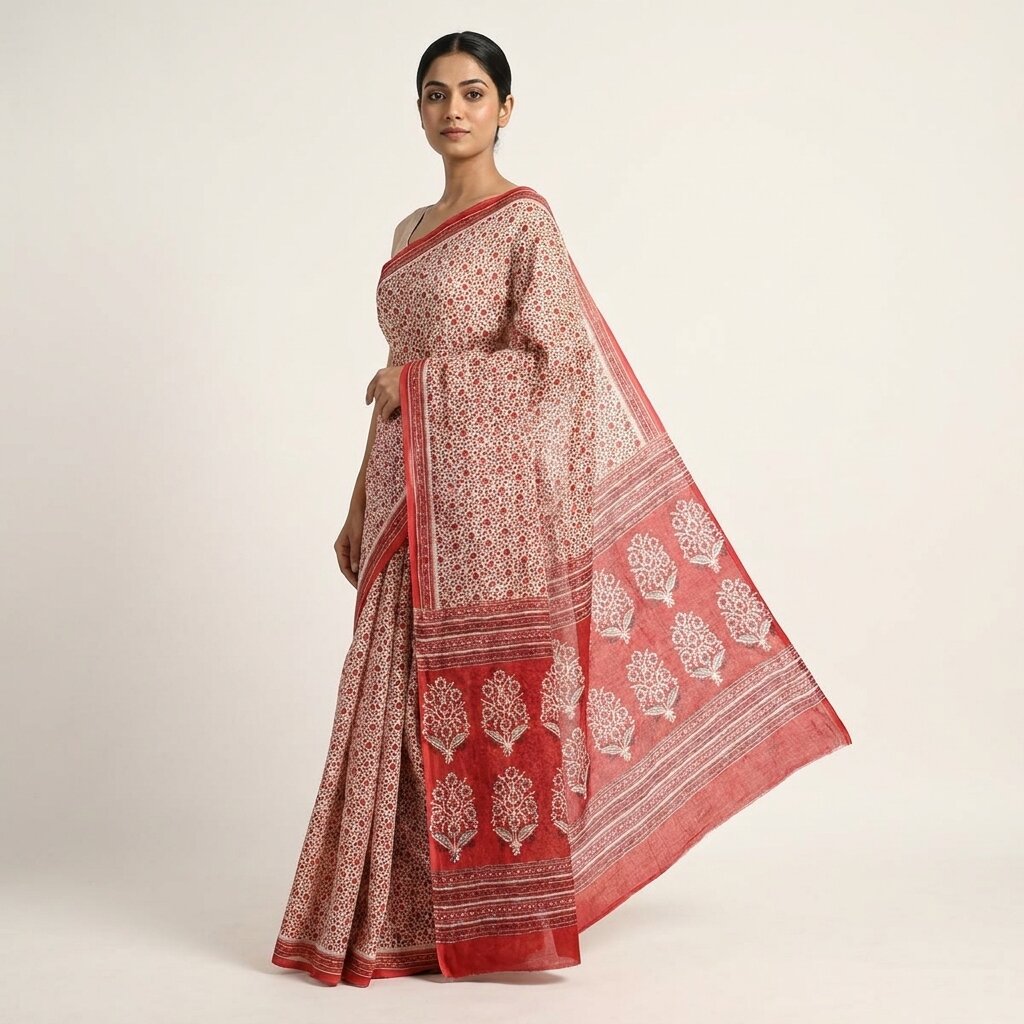 Sanskriti Vintage Saree Red-White Pure Cotton Floral Print Craft Fabric 5YDSari