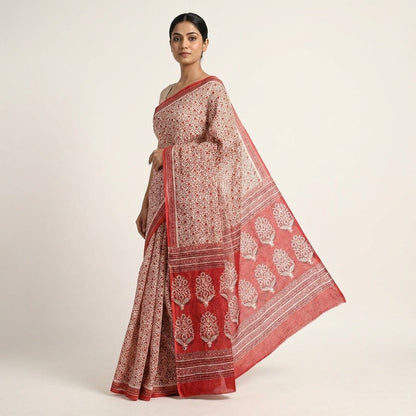 Sanskriti Vintage Saree Red-White Pure Cotton Floral Print Craft Fabric 5YDSari