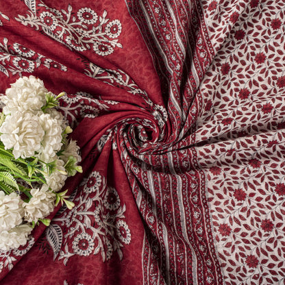 Sanskriti Vintage Saree Red-White Pure Cotton Floral Print Craft Fabric 5YDSari