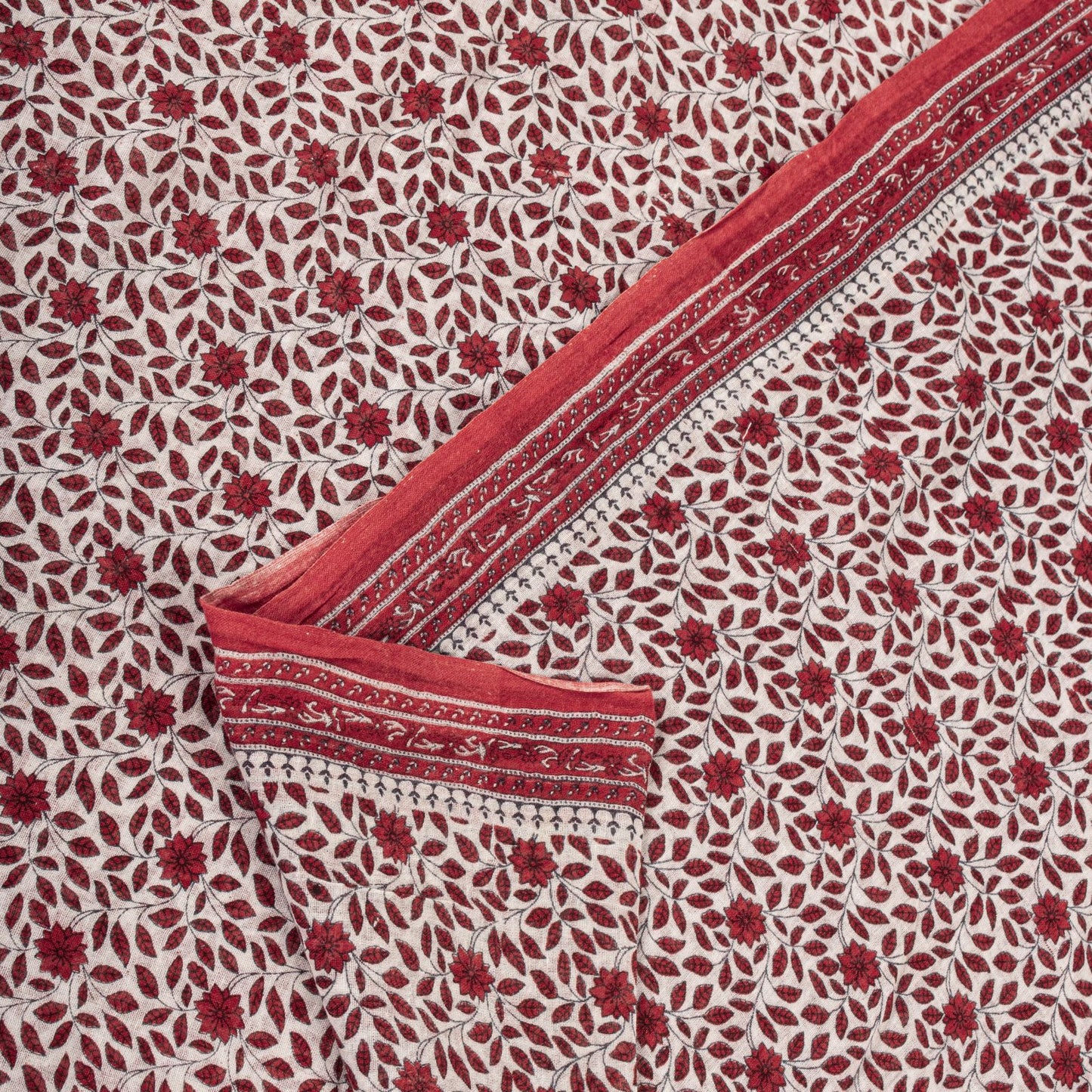 Sanskriti Vintage Saree Red-White Pure Cotton Floral Print Craft Fabric 5YDSari