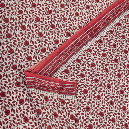 Sanskriti Vintage Saree Red-White Pure Cotton Floral Print Craft Fabric 5YDSari