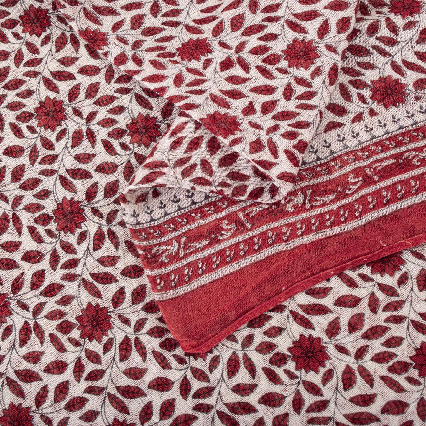 Sanskriti Vintage Saree Red-White Pure Cotton Floral Print Craft Fabric 5YDSari