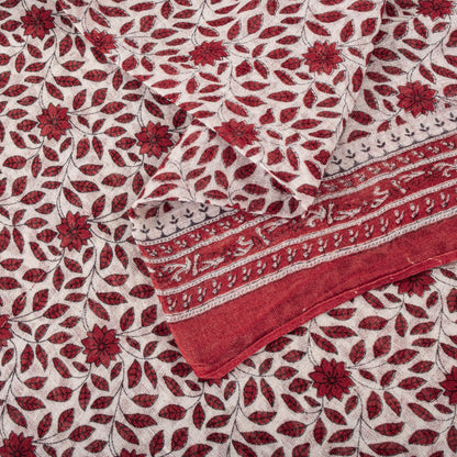 Sanskriti Vintage Saree Red-White Pure Cotton Floral Print Craft Fabric 5YDSari