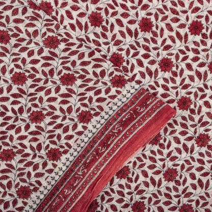Sanskriti Vintage Saree Red-White Pure Cotton Floral Print Craft Fabric 5YDSari