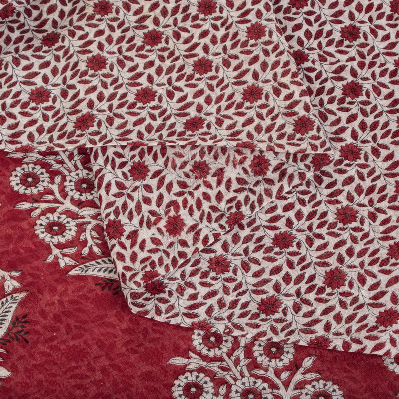 Sanskriti Vintage Saree Red-White Pure Cotton Floral Print Craft Fabric 5YDSari