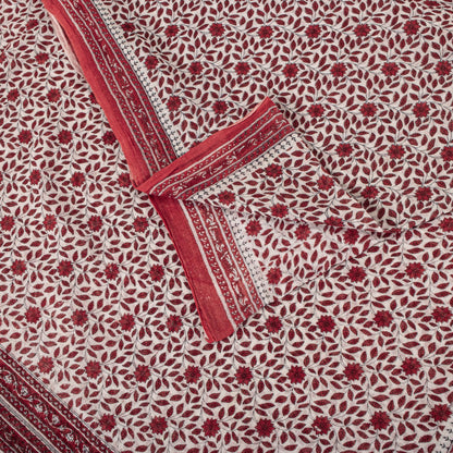 Sanskriti Vintage Saree Red-White Pure Cotton Floral Print Craft Fabric 5YDSari
