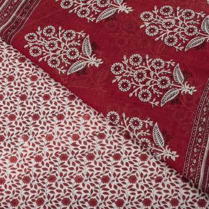 Sanskriti Vintage Saree Red-White Pure Cotton Floral Print Craft Fabric 5YDSari