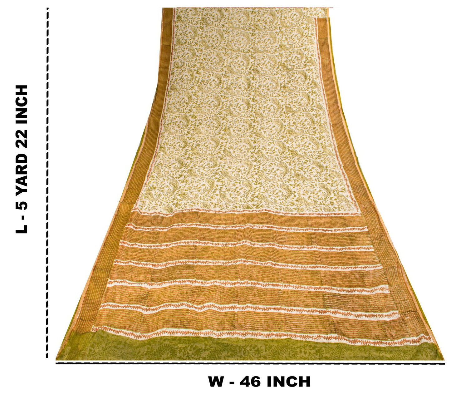 Sanskriti Vintage Saree White-Green 100% Pure Cotton Hand Block Printed Paisley Craft Fabric Sari