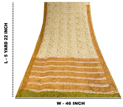 Sanskriti Vintage Saree White-Green 100% Pure Cotton Hand Block Printed Paisley Craft Fabric Sari