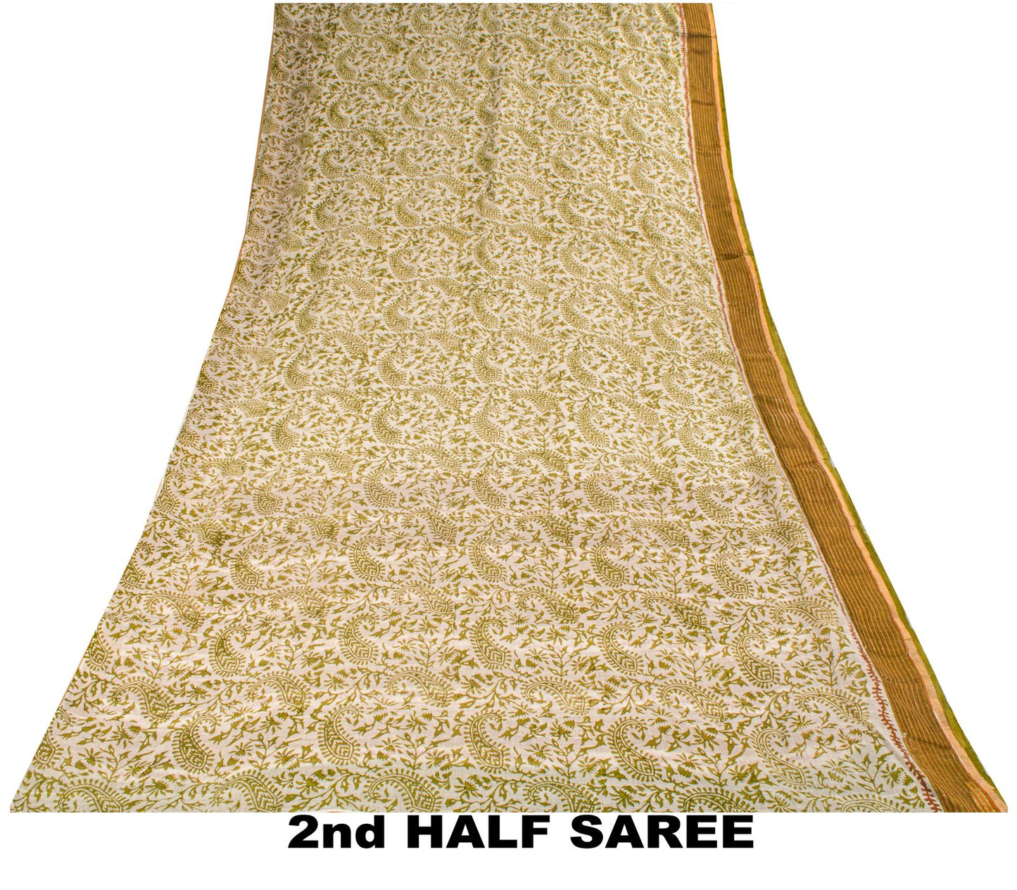 Sanskriti Vintage Saree White-Green 100% Pure Cotton Hand Block Printed Paisley Craft Fabric Sari