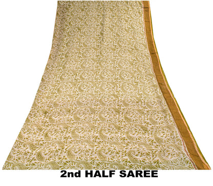 Sanskriti Vintage Saree White-Green 100% Pure Cotton Hand Block Printed Paisley Craft Fabric Sari