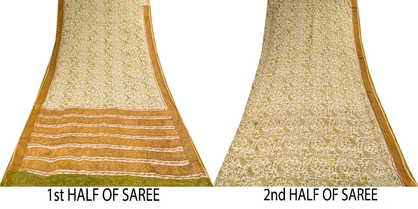 Sanskriti Vintage Saree White-Green 100% Pure Cotton Hand Block Printed Paisley Craft Fabric Sari