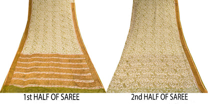 Sanskriti Vintage Saree White-Green 100% Pure Cotton Hand Block Printed Paisley Craft Fabric Sari