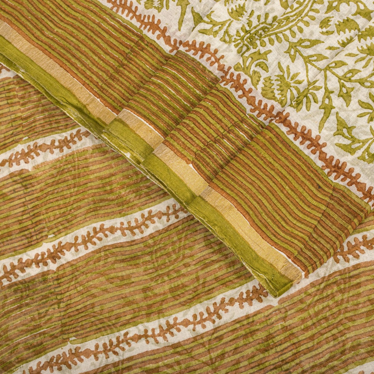 Sanskriti Vintage Saree White-Green 100% Pure Cotton Hand Block Printed Paisley Craft Fabric Sari