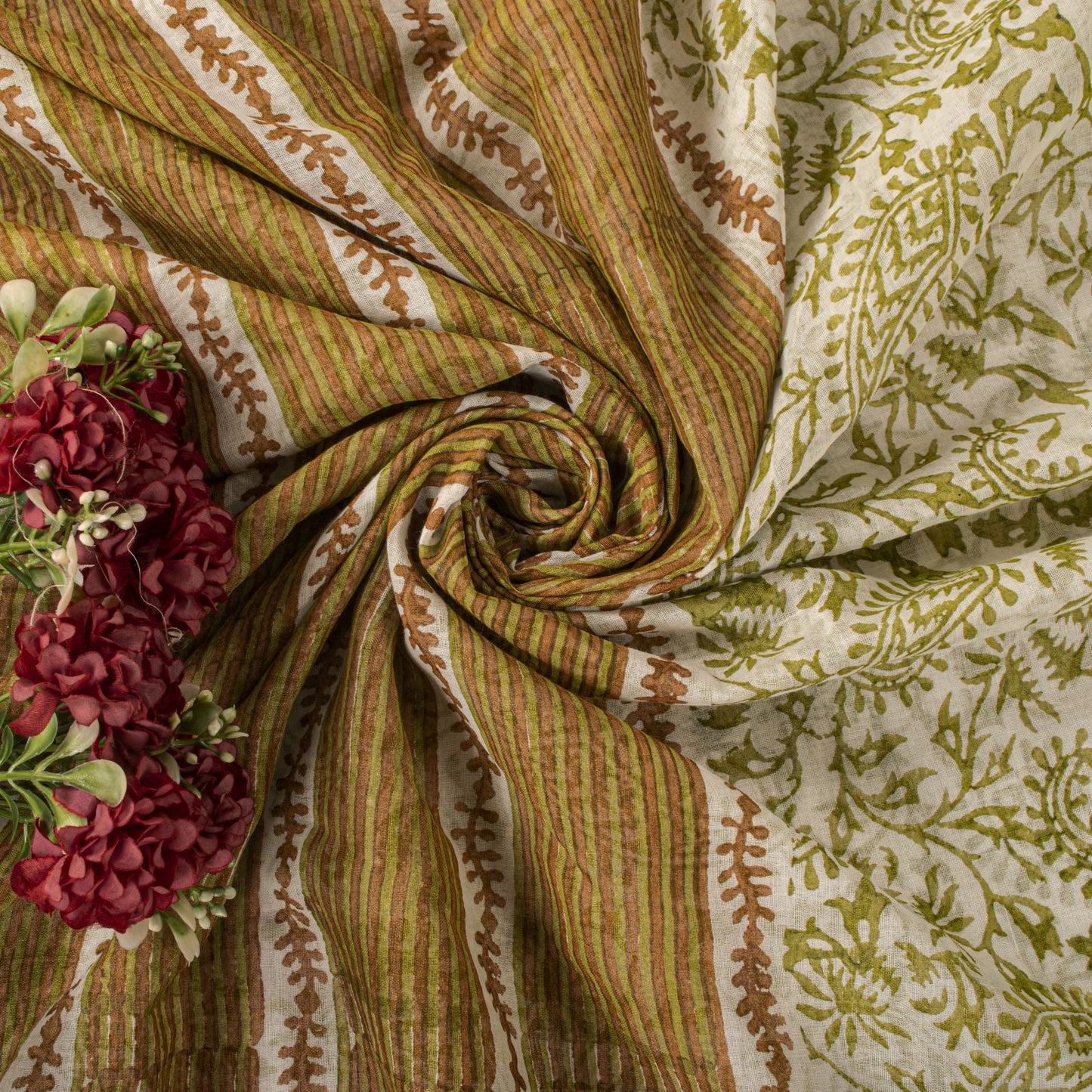 Sanskriti Vintage Saree White-Green 100% Pure Cotton Hand Block Printed Paisley Craft Fabric Sari