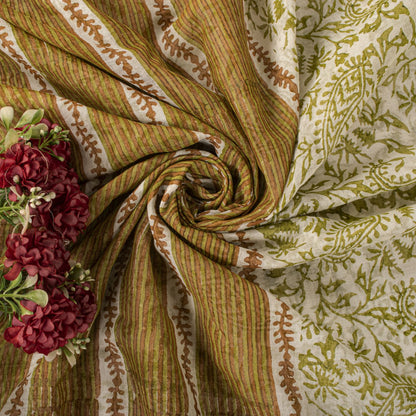 Sanskriti Vintage Saree White-Green 100% Pure Cotton Hand Block Printed Paisley Craft Fabric Sari