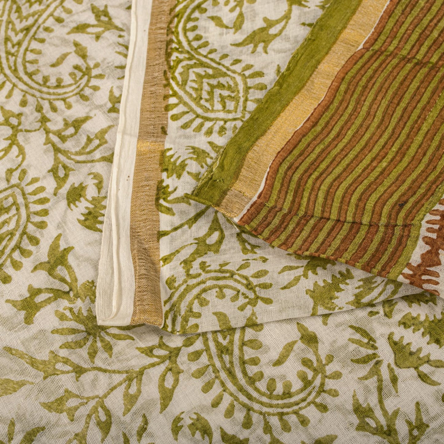 Sanskriti Vintage Saree White-Green 100% Pure Cotton Hand Block Printed Paisley Craft Fabric Sari
