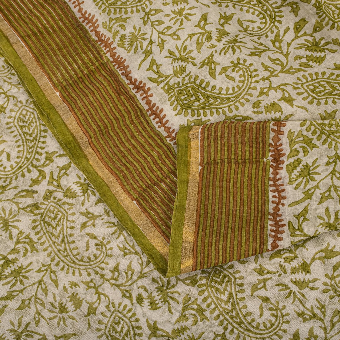 Sanskriti Vintage Saree White-Green 100% Pure Cotton Hand Block Printed Paisley Craft Fabric Sari