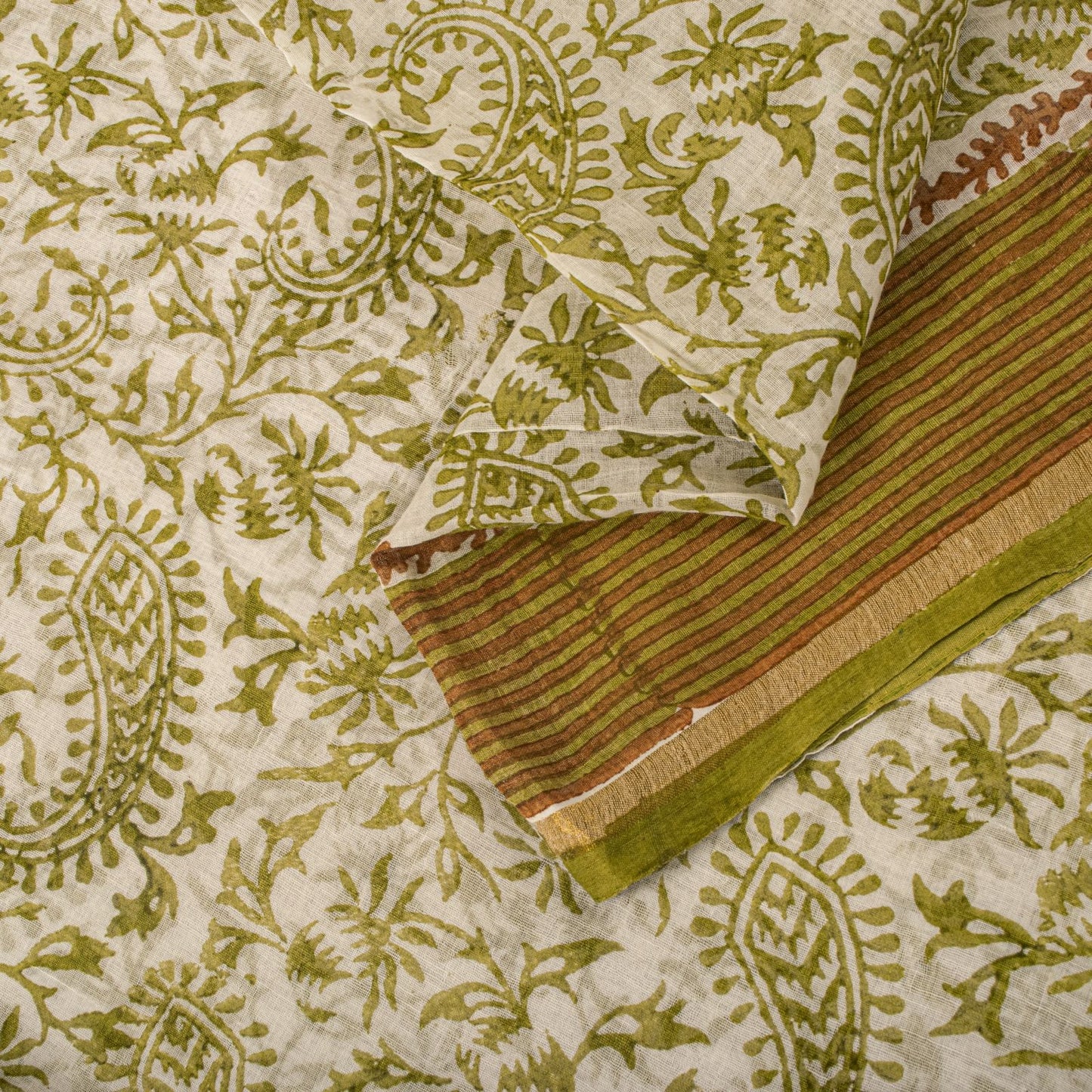 Sanskriti Vintage Saree White-Green 100% Pure Cotton Hand Block Printed Paisley Craft Fabric Sari