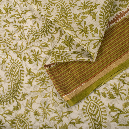 Sanskriti Vintage Saree White-Green 100% Pure Cotton Hand Block Printed Paisley Craft Fabric Sari