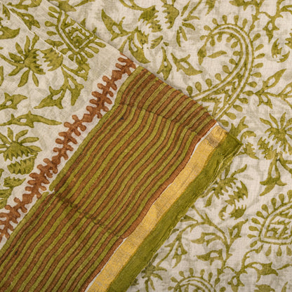 Sanskriti Vintage Saree White-Green 100% Pure Cotton Hand Block Printed Paisley Craft Fabric Sari