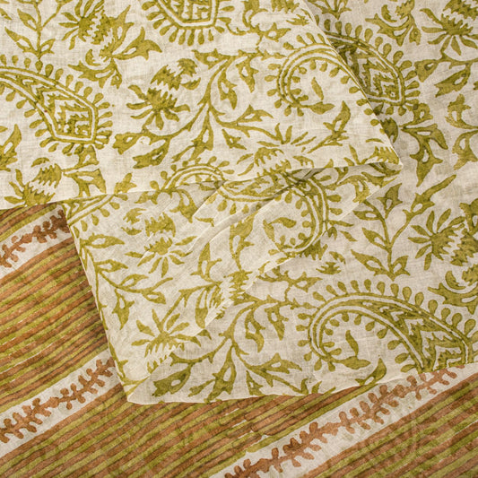 Sanskriti Vintage Saree White-Green 100% Pure Cotton Hand Block Printed Paisley Craft Fabric Sari