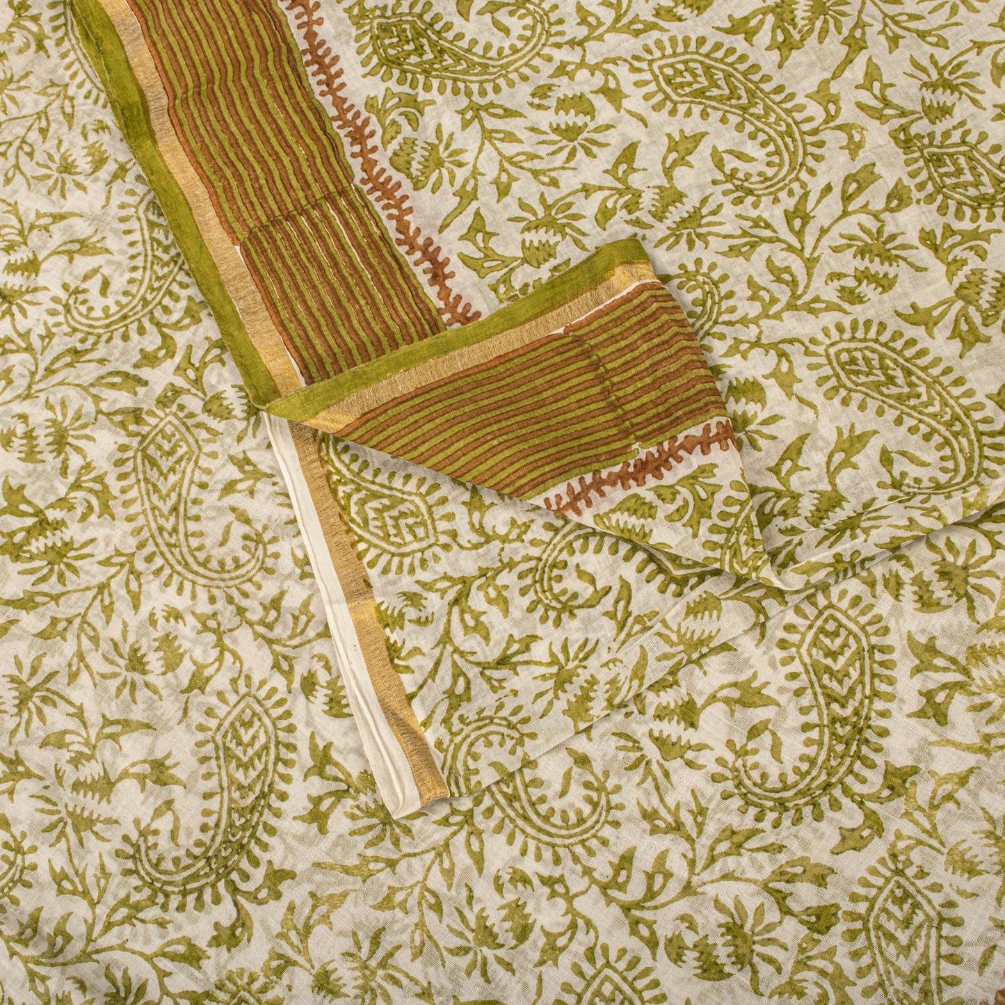 Sanskriti Vintage Saree White-Green 100% Pure Cotton Hand Block Printed Paisley Craft Fabric Sari