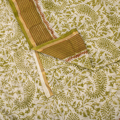 Sanskriti Vintage Saree White-Green 100% Pure Cotton Hand Block Printed Paisley Craft Fabric Sari