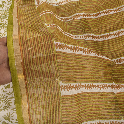 Sanskriti Vintage Saree White-Green 100% Pure Cotton Hand Block Printed Paisley Craft Fabric Sari