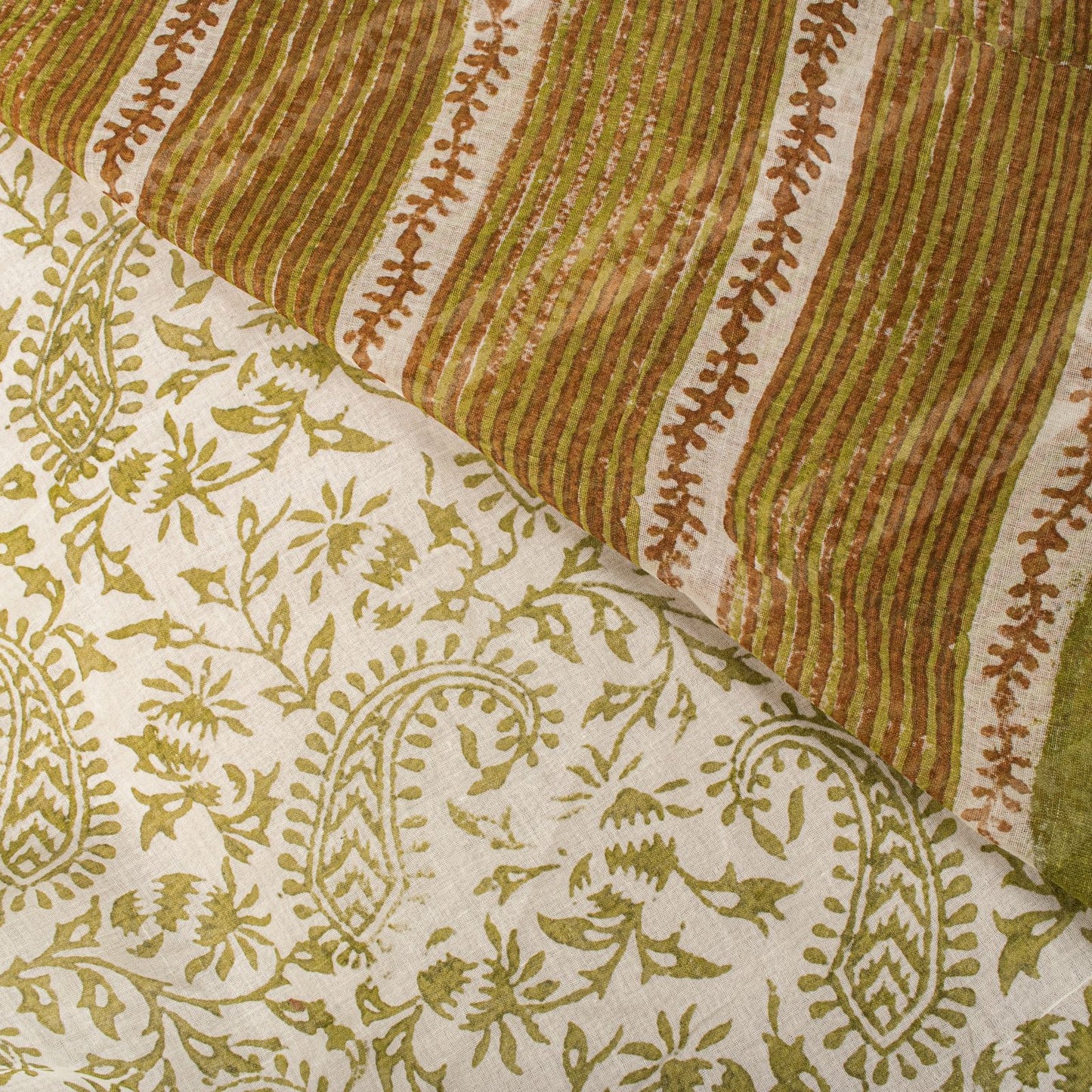 Sanskriti Vintage Saree White-Green 100% Pure Cotton Hand Block Printed Paisley Craft Fabric Sari