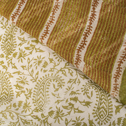 Sanskriti Vintage Saree White-Green 100% Pure Cotton Hand Block Printed Paisley Craft Fabric Sari