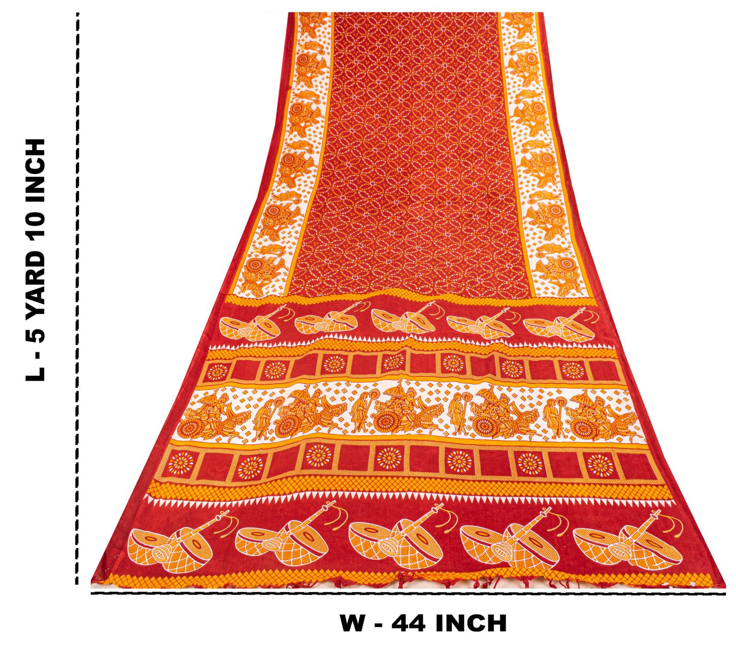 Vintage Saree Red Pure Cotton Bandhani Print Craft Fabric 5+Yard Sari