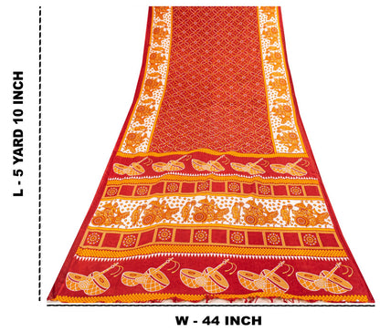 Vintage Saree Red Pure Cotton Bandhani Print Craft Fabric 5+Yard Sari